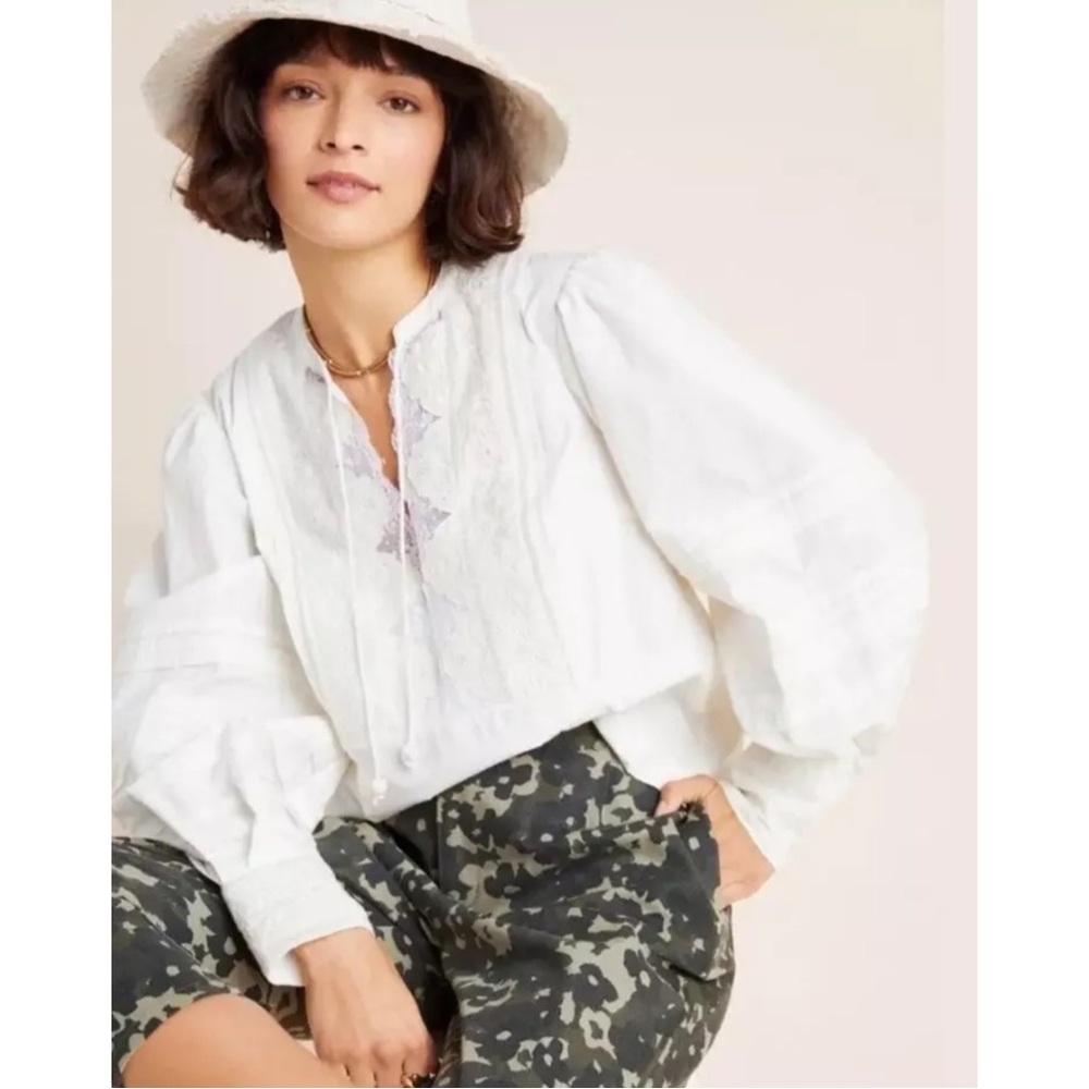 ANTHROPOLOGIE | Delilah Pleated Lace Peasant Blouse in Ivory, Size 6